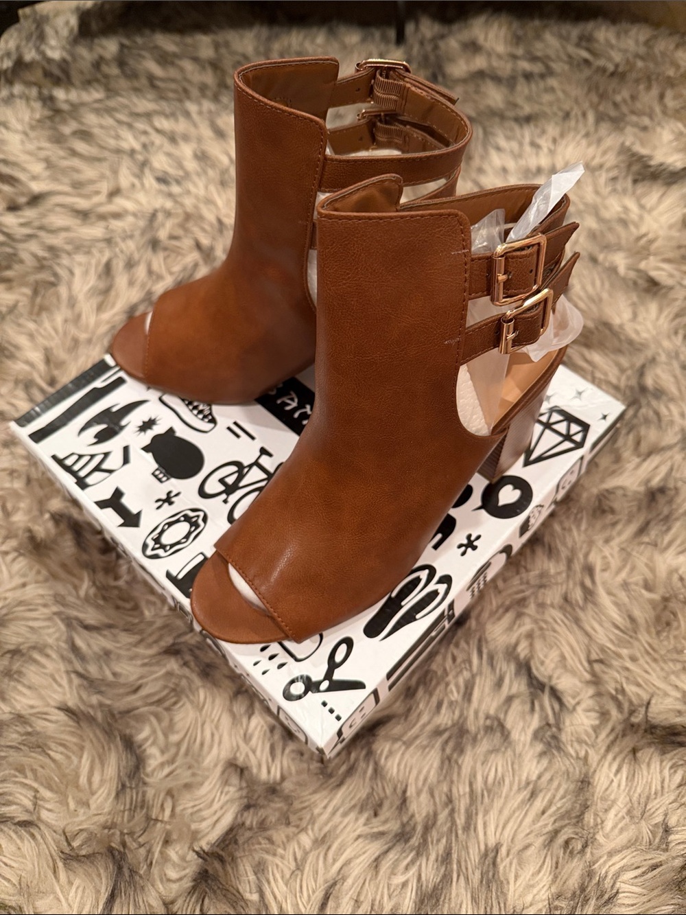 BAMBOO Tan Open-Toe Buckle High Heel Booties